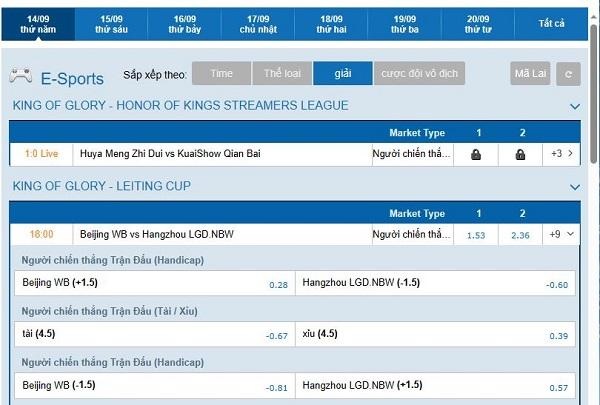 bảng tỷ lệ kèo vương giả vinh diệu